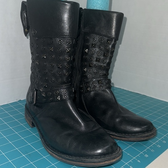 UGG Australia Conor Studded Black Leather & Shearling Moto Mid Calf Boots Size 9 - Picture 2 of 15